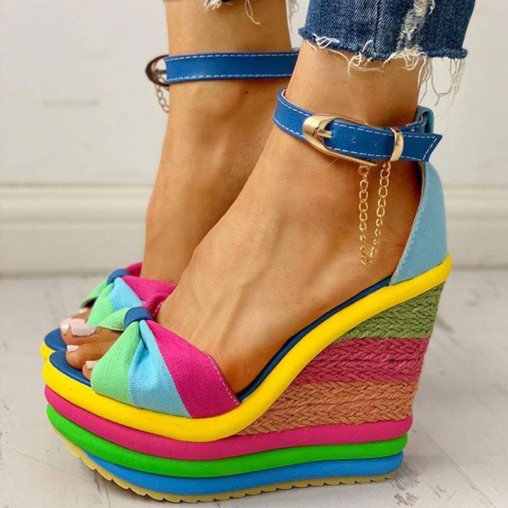 Elegant INS Rainbow Colorful New Summer Wedges Sandals Party Platform Extreme High Heels Shoes Woman Plus Size 43 38 blue