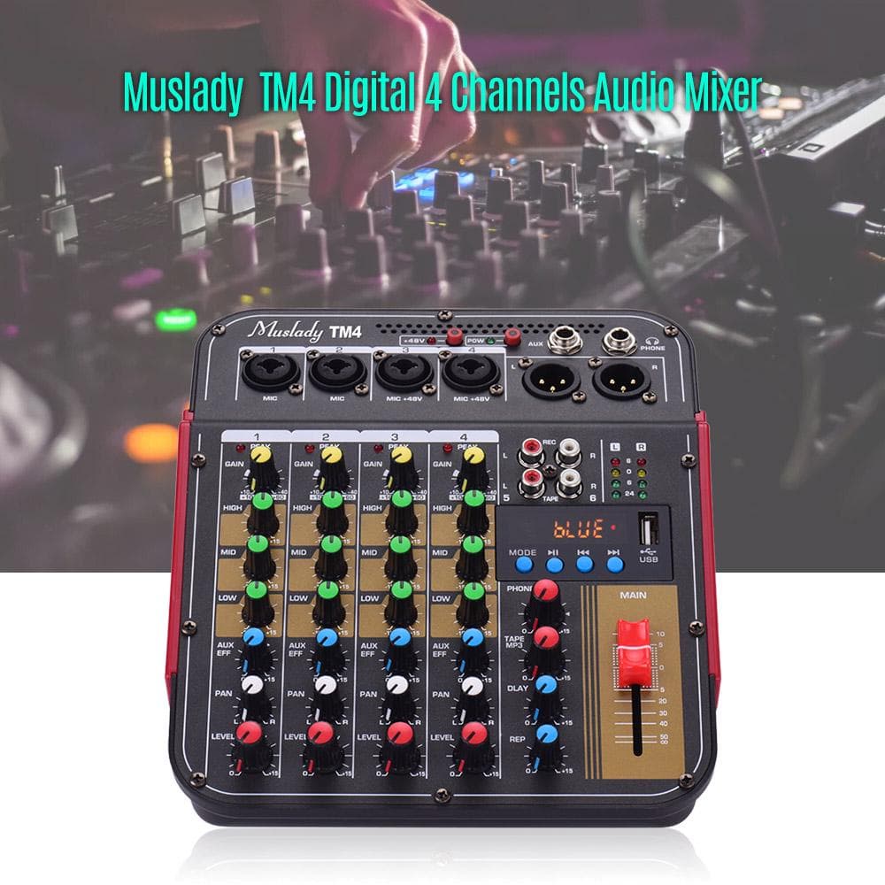 Muslady TM4 Digital 4-Channel Audio Mixer Mixing Console Built-in 48V Phantom Power with BT US black