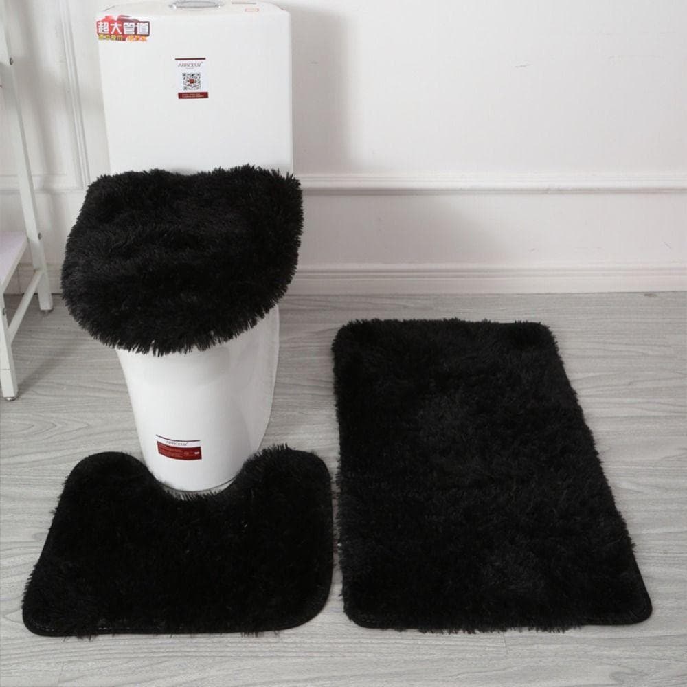 3pcs/set Fluffy Hairs Toilet Lid Cover Rugs Solid Color Shower Carpets Sets Shower Room black
