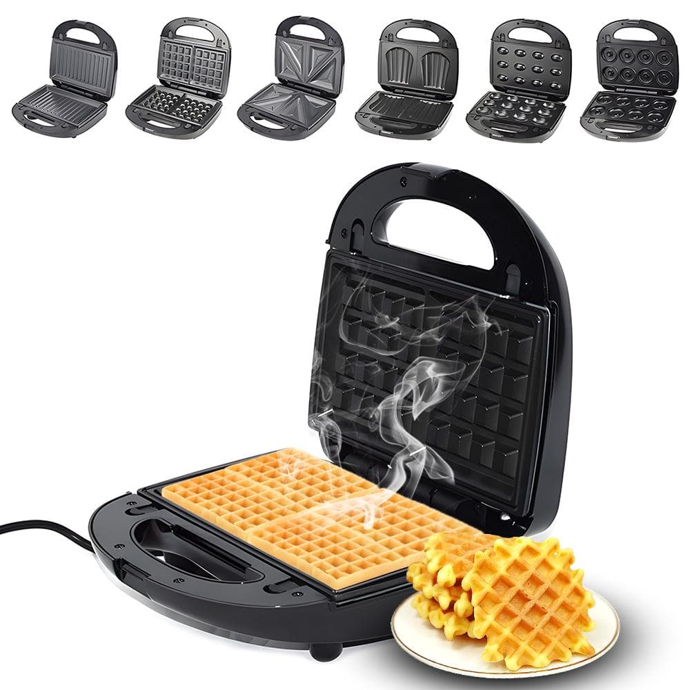 Waffle Maker 6 in 1 Double-Sided Heating 750W Electric Waffle Maker with Non-stick Removable Plates UK Plug black