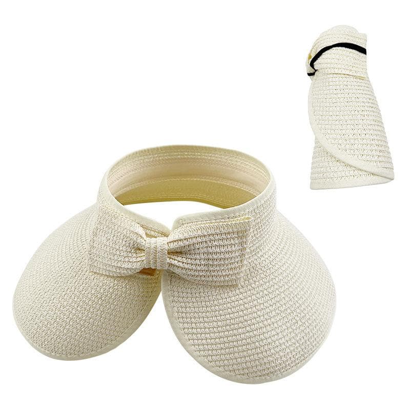 Women Summer Visors Hat Foldable Wide Large Brim Bowknot Empty Top Straw Hats chapeau femme Beach UV Protection Caps Adjustable milk white