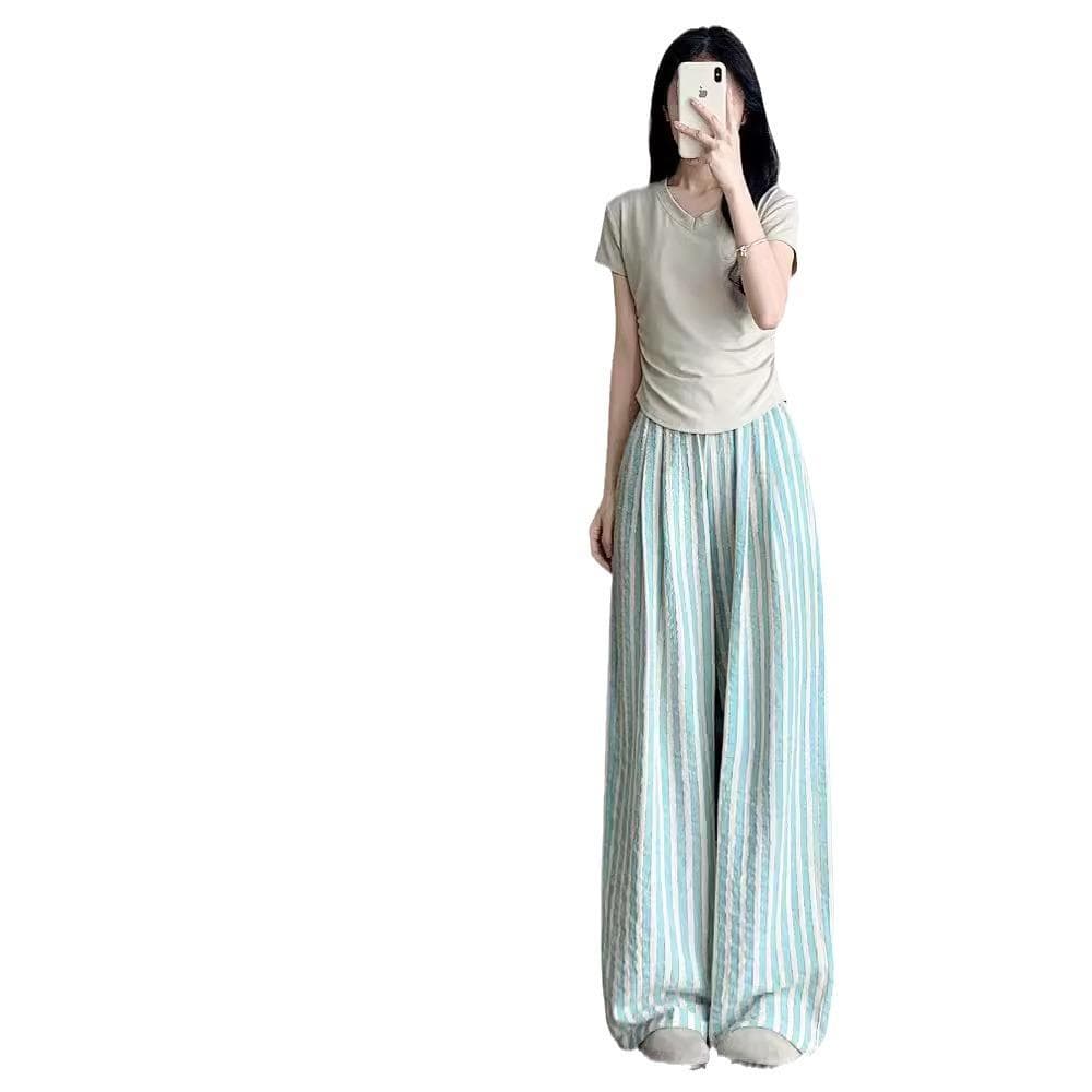 Mint Mambo Striped Pants for Women In Summer Thin High Waist Drooping Casual Straight Line Ice Silk Lazy Yamamoto Wide-leg Pants 4XL