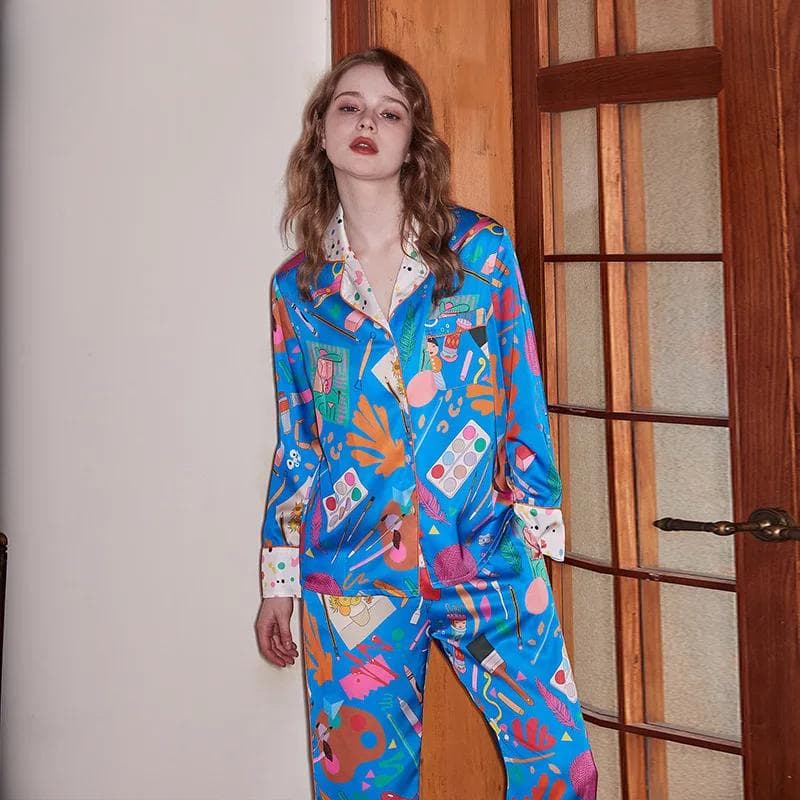 Comfortable Ice Silk Pajamas Lapel Lapel Long Sleeve Home Clothes for Women XL