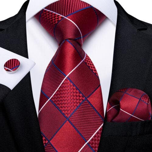 DiBanGu Red Blue Gold Gray Mens Silk Stripped Woven Tie Necktie Hanky Cufflinks N-7452