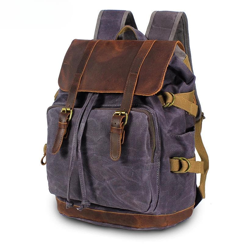 Backpack Male Student Backpack Retro Travel Bag Waterproof Canvas with Top Layer Leather Computer Travel Bag gray
