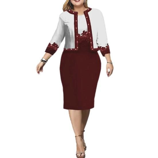 2 Pcs/Set Beautiful Banquet Coat Dress Set Flower Print Commute Round Neck Dress Business Situation Party Coat Dress Set Female Clothes 5XL red