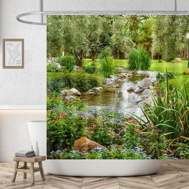Rural Landscape Creek Stone Lotus Buddha Shower Curtain Bathroom Curtain Fabric Waterproof Polyester Bathroom Curtain with Hooks 180*180cm
