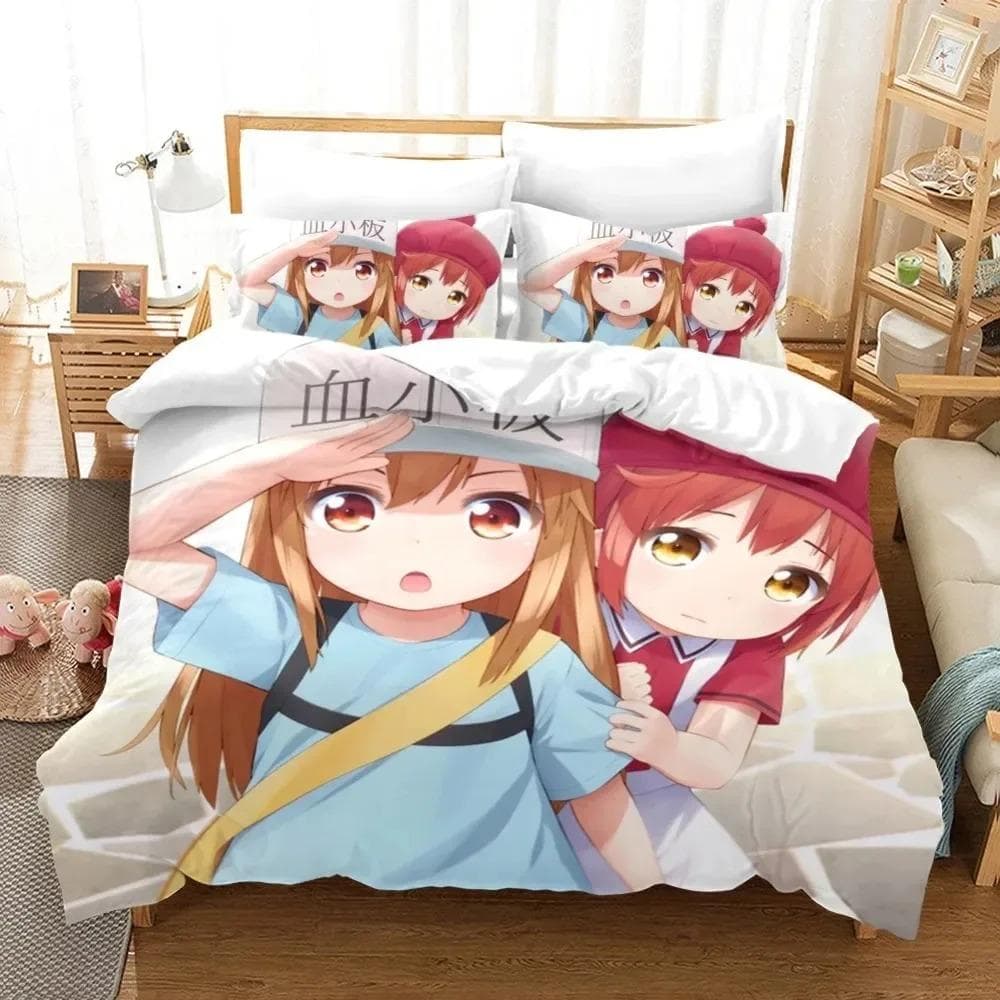 Anime Girls Bedding Set Cells at Work Duvet Cover Pillowcase Cartoon Comforter Cover Set Bed Linen Set for Teens Boys EU single(135x200cm)
