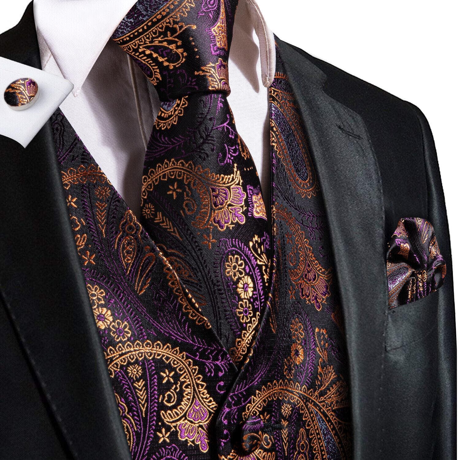 Hi-Tie Tuxedo waistcoat for Men Suit Vest Necktie Handkerchief Cufflinks Set for Wedding Business S