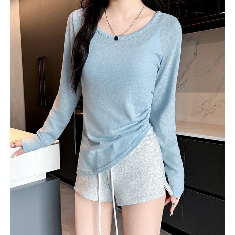 Side Waist Bottoming Shirt Women's Summer New Outer Wear Crew Neck Sunscreen Pullover Loose Irregular T-shirt Top M blue