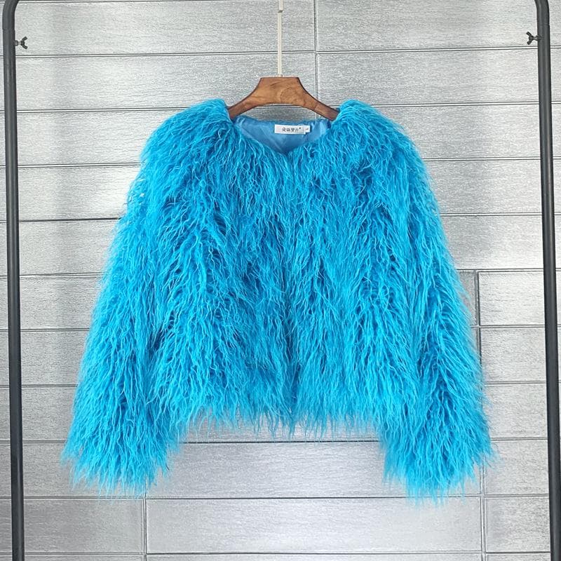 16 Color Women's Fur Coat Colorful Fluffy Pink Lamb Fur Faux Fur Coat Sheepskin Coat Winter Faux Fur Coat 4XL sky blue