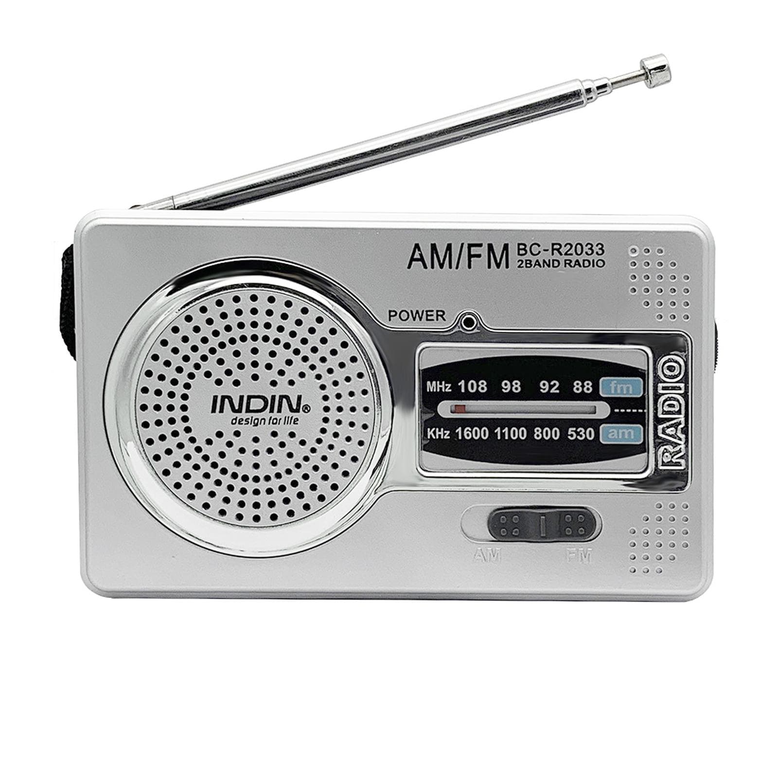 INDIN BC-R2033 Mini AM FM Radio 2 Band Radio Receiver Portable Pocket Radio Built-in Speaker w/ silver