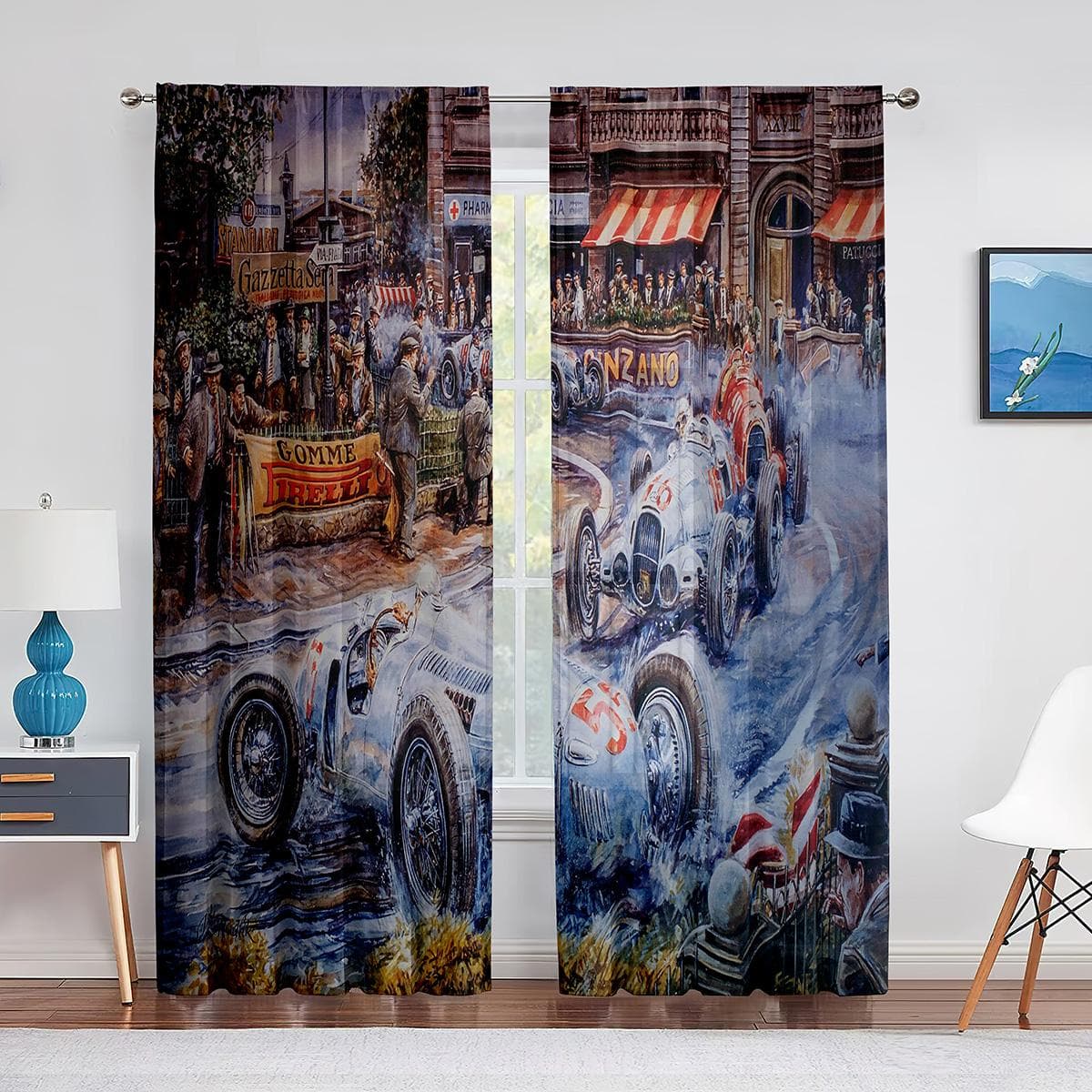 Retro Poster Style Beauty Drinking Wine Tulle Curtains for Living Room Bedroom Kitchen Decoration Window Chiffon Sheer Curtain 1 PCS W100XH250cm&Grommet Top