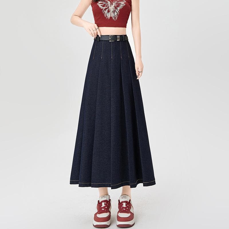 Tennis Denim Pleated Skirt for Women In Spring, High Waist, Slim and Drooping, Versatile Casual A-line Large Sway Mid-length Skirt XL blue