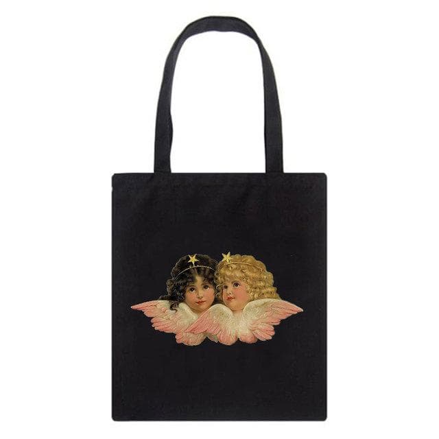 Fiorucci Letter Angel Cartoon Casual Vintage Large-capacity Fashion Harajuku Canvas Bag Hip Hop Shopping Bag Women Shoulder Bags 29*32cm