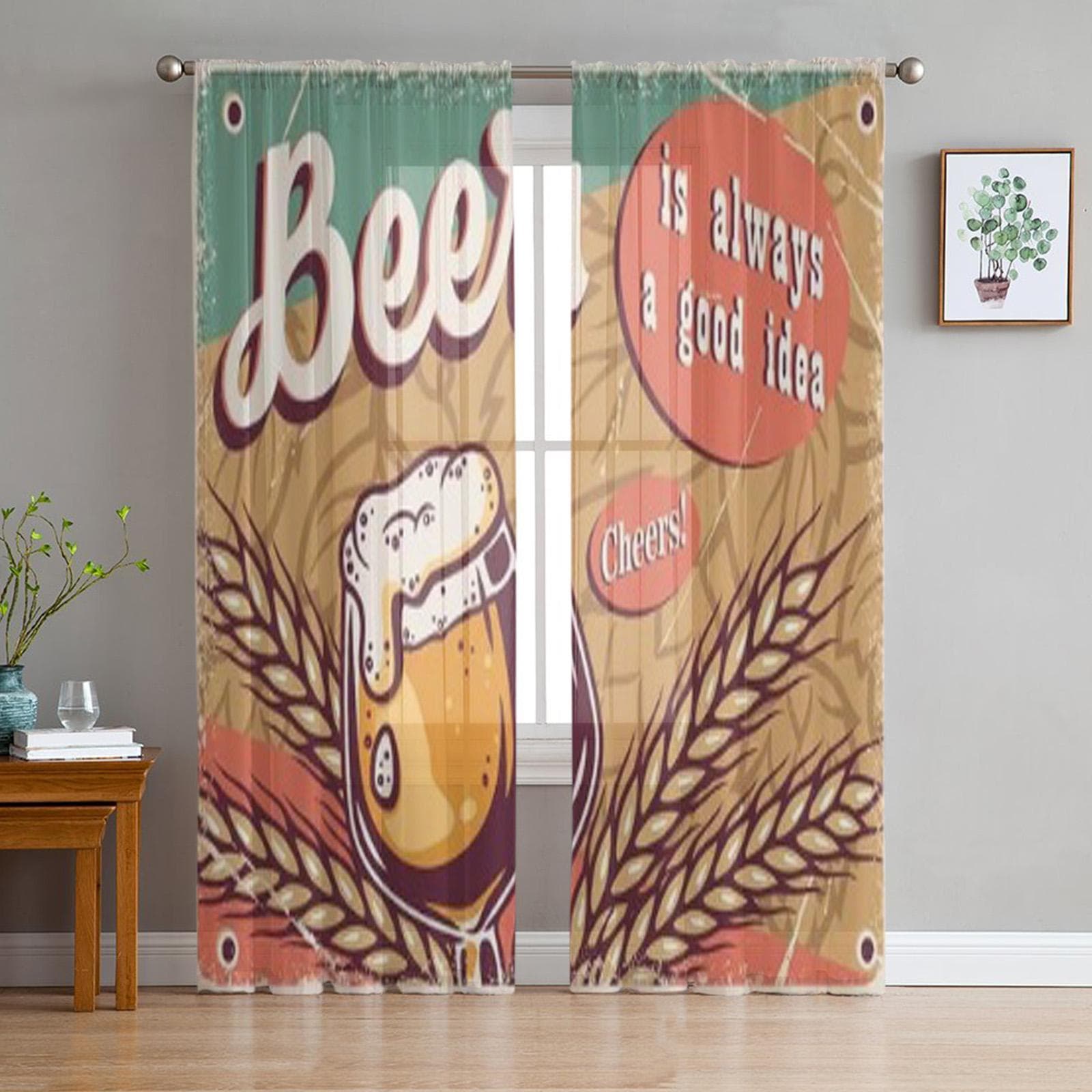 Retro Poster Craft Lager Beer Mug With Foam Chiffon Sheer Curtains for Living Room Bedroom Window Curtain Voiles Tulle Cortinas 135W x 114H(cm)