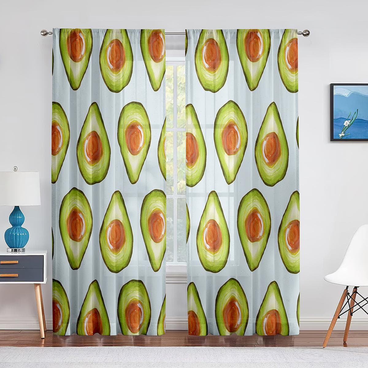 Avocado Fruit Vegetable White Yellow Tulle Curtains for Living Room Bedroom Kitchen Decor Chiffon Sheer Voile Window Curtains 1 PCS W100XH250cm&Grommet Top