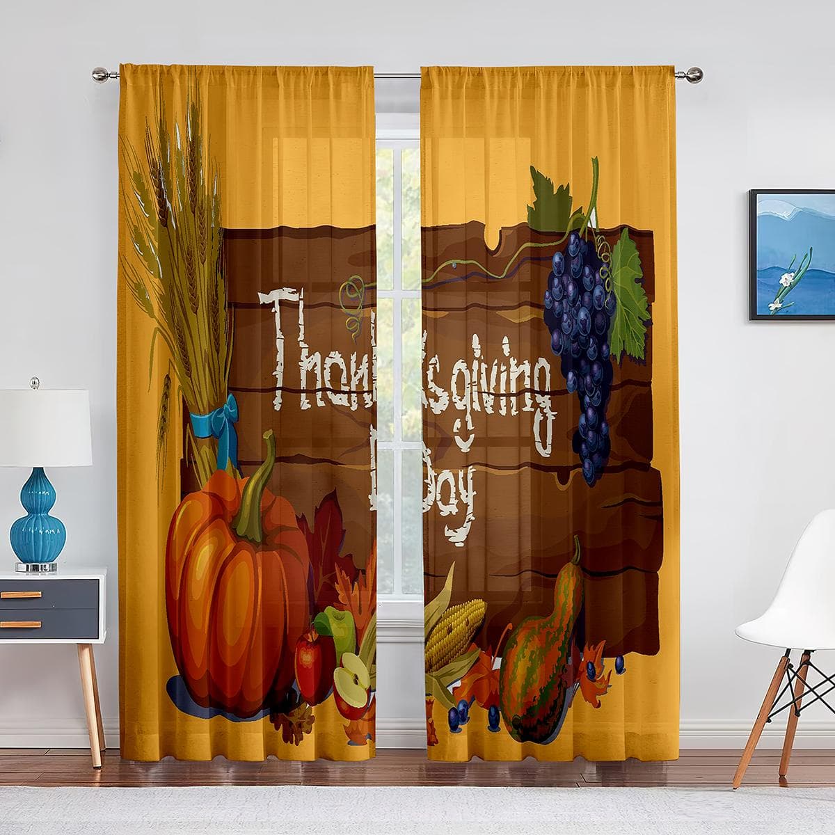 Thanksgiving Rustic Autumn Wooden Background Sheer Curtain for Living Room Hall Wall Dress Up Home Window Print Tulle Curtains 1 PCS W100XH250cm&Grommet Top