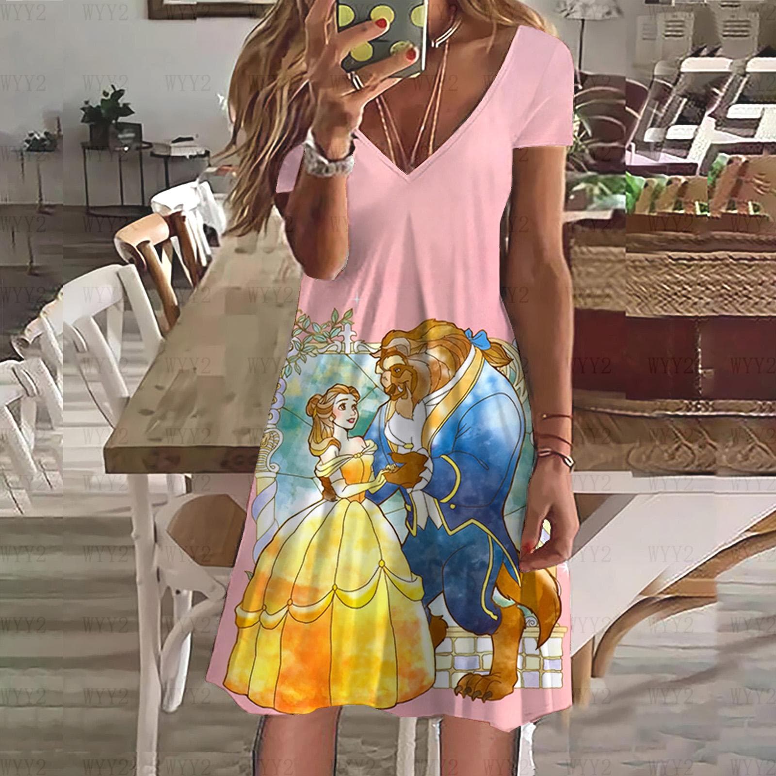 New Dress Disney Beauty and the Beast Print Summer Ladies V Neck Short Sleeve Dress Ladies Clothing Casual Street Style M