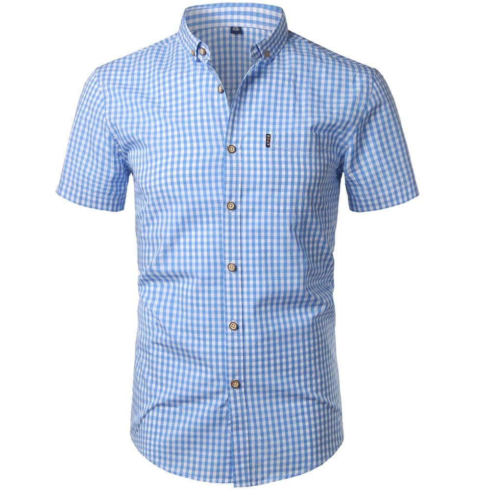 Men Small Plaid Button Down Shirt Summer New Short Sleeve Slim Fit Mens Dress Shirts Casual Checks Gingham Chemise Homme L light blue