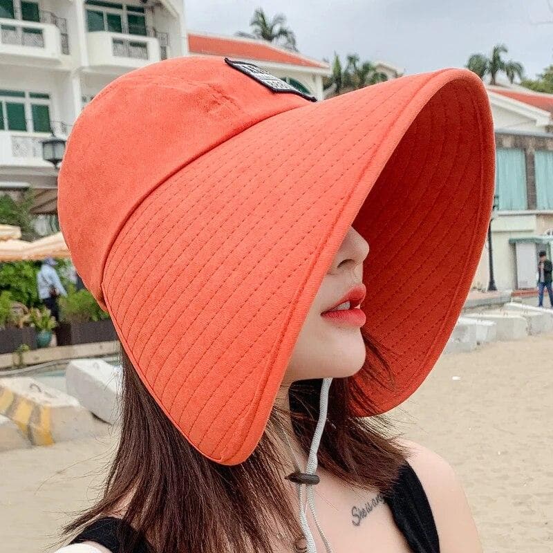 Women Summer Hat Big Brim Adjustable Anti-UV Protection Fisherman Hat Foldable Beach Sun Hats Empty Top Hat Ponytail Hat Travel orange