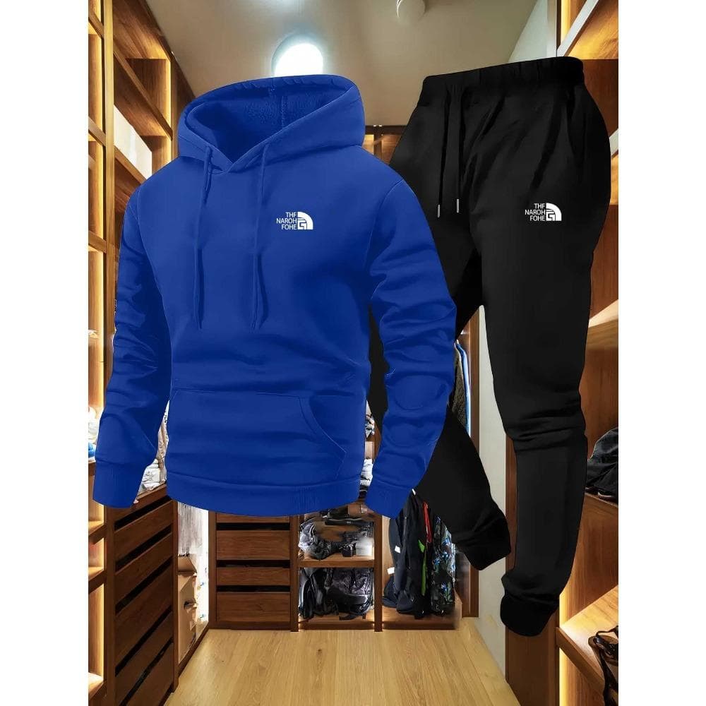 Men's Autumn and Winter Pattern Casual Two-Piece Set Hooded Sweatshirt and Pants with Pockets Regular Fit Outdoor Sport Suit M