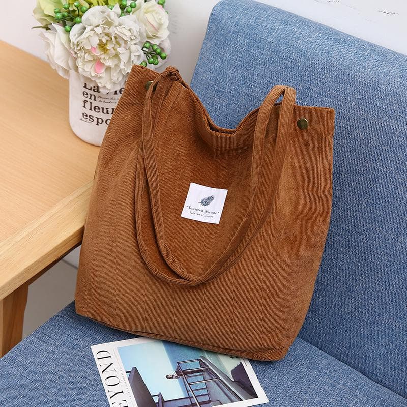 Corduroy Shoulder Bag for Women Cotton Cloth Handbag Solid Color Eco Shopping Orangnizer Reusable Large Shopper Totes Bags brown