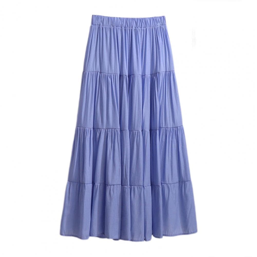 Women Summer Skirt Elastic High Waist Stitching Large Hem Skirt Solid Color Loose Fit Casual Skirt Streetwear One Size blue