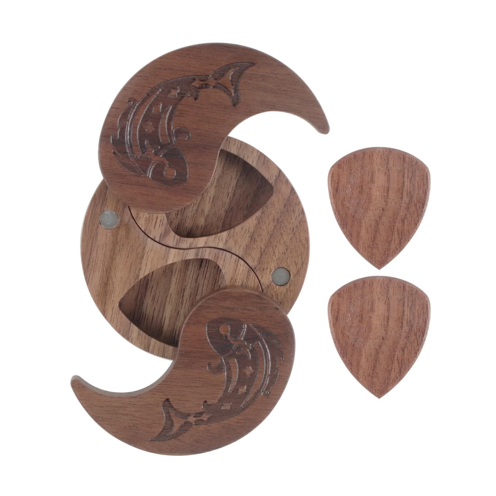 Guitar Pick Box with 2pcs Picks Wooden Guitar Pick Box Tai Chi Shape 2 Compartments Paddles Wood brown