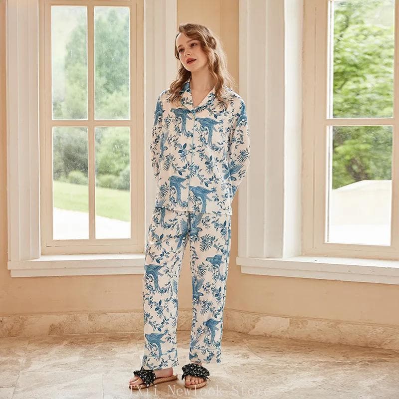 Comfortable Ice Silk Pajamas Women's Lapel Spring and Summer Long Sleeve Home Clothes XL