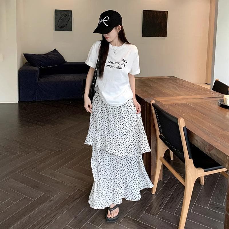 Lotus Leaf Edge Design Floral Skirt Women's Summer Elastic High Waist Split and Thin A-shaped Skirt XL