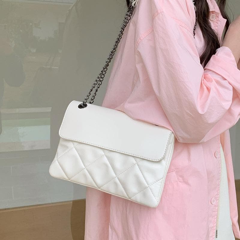 Diamond Lattice Chain Small Bag Female Shoulder Crossbody Fashion Small Square Bag white