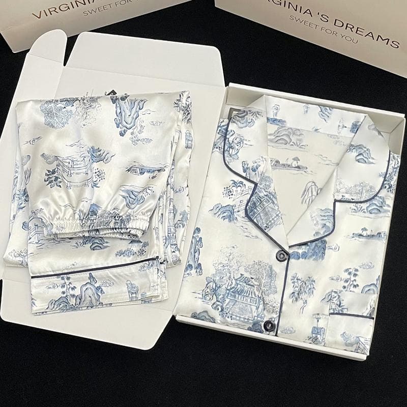 Pajamas Women's Silk Long-sleeved Pajamas Pajamas Suit Flower Printed High-grade Ice Silk Can Be Worn Outside Home Wear Pajamas L