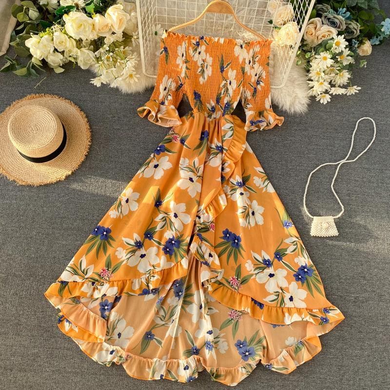 Fashion Sexy Floral Print Strapless Dress Slash Neck High Waist Half Sleeve Irregular Ruffle Dress one size