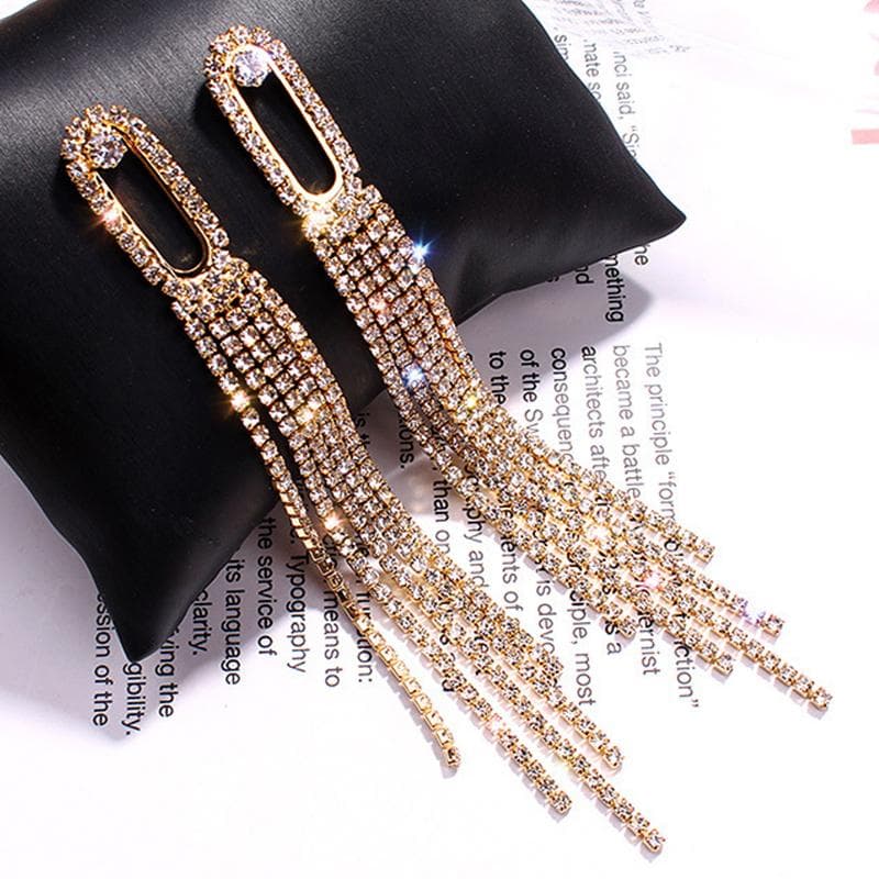 Fashion Shiny Long Tassel Drop Earrings for Women Full Rhinestone Crystal Dangle Earring Girl Wedding Party Personality Jewelry gold