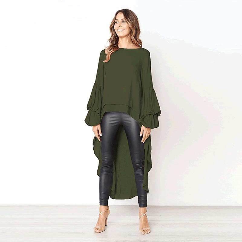 Women's Autumn Winter Long Sleeved Pullover Chiffon Shirt Irregular Chiffon Top for Women XL army green