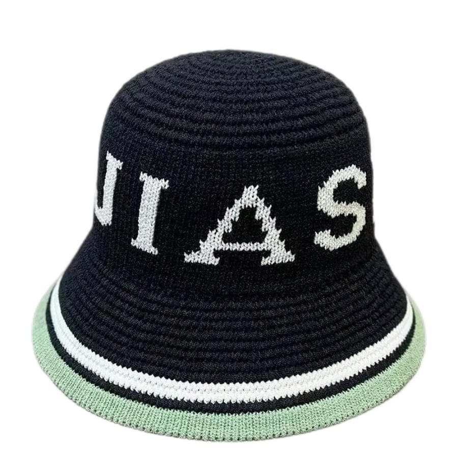 Spring Summer Panama Hat Women Hollow Knitted Hat Bucket Hat Outdoor Sun Visor Beach Hat Letter Jacquard Breathable Travel Cap black