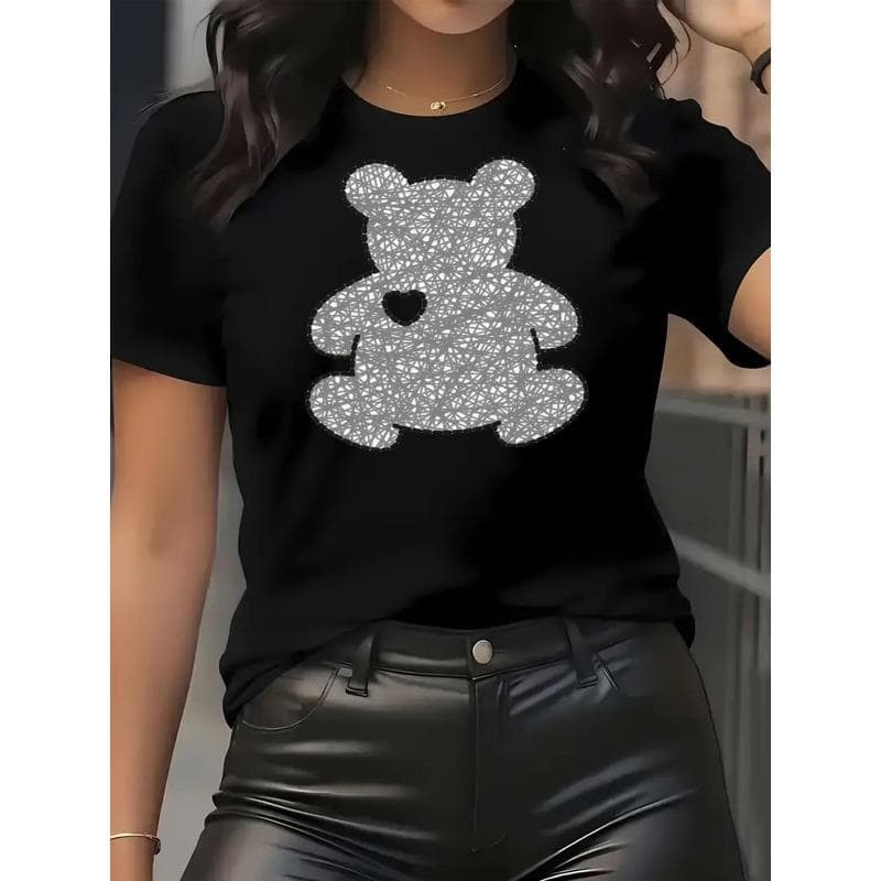 European Size Women's Workout T-Shirt - Cute Bear Graphic Tee, Breathable Loose Fit Gym Shirt for Women, Casual Everyday Top,Stylish Activewear 4XL black