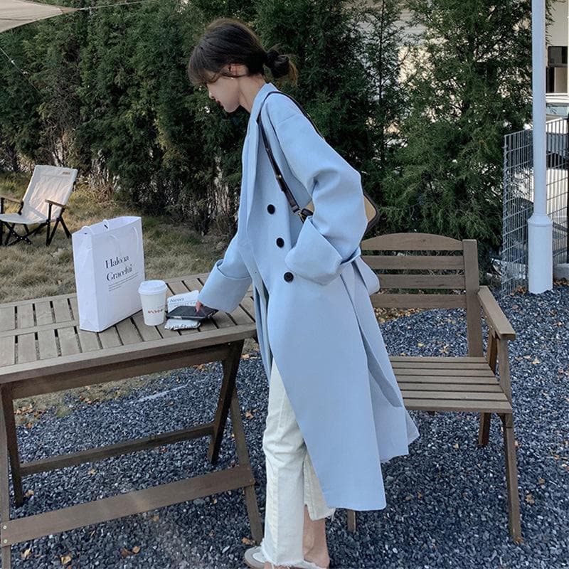 Smog Blue Windbreaker Jacket for Women Spring and Autumn New Korean Mid-length Ladylike Temperament Popular Coat L