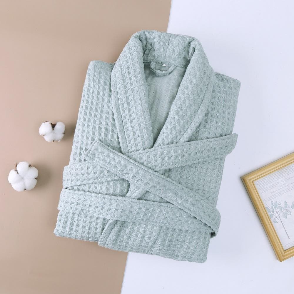 2 Layer Waffle Hotel Robe Men's 100% Cotton Kimono Bathrobe Towel Bathrobe Absorbent Robe Women's Long Pajamas Pajamas L green