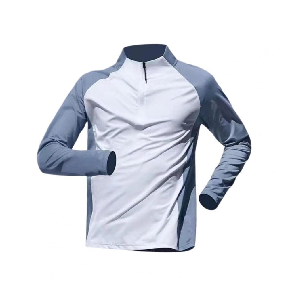Men Summer Sports T-shirt Half Zipper Stand Collar Contrast Color Long Sleeves Loose Casual Soft Breathable Mid Length Men Daily L white