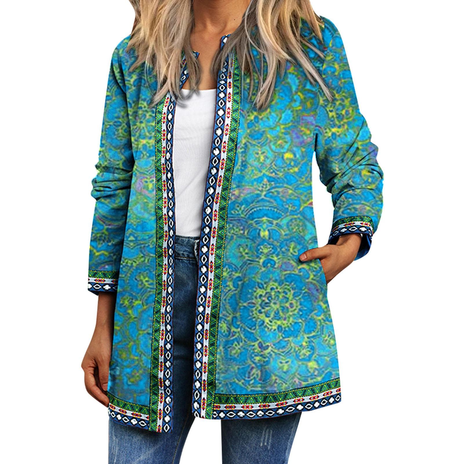 Vintage Women Print Cardigan Long Sleeve Pocket Loose Casual Jacket Coat Outerwear 5X-Large green