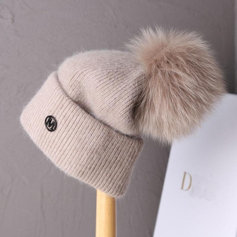 2023 Luxury Real fox fur pom pom Beanies Hat for Women pompom Knitted Winter Hat Fashion Ear Protection Wool Hat 55-59cm