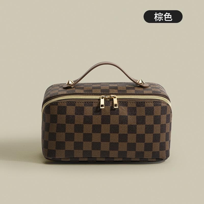 Retro-style Checkered Makeup Bag for Women, Large-capacity Portable Hand-held Toiletries Bag, Cosmetic Storage Bag brown