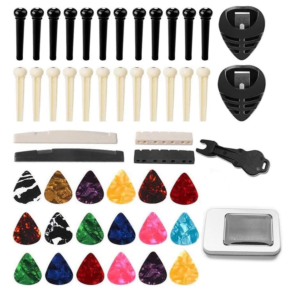 Acoustic Folk Guitar Accessories Kit Including Bridge Pins + Guitar Nuts + Celluloid Picks + Guitar multicolour