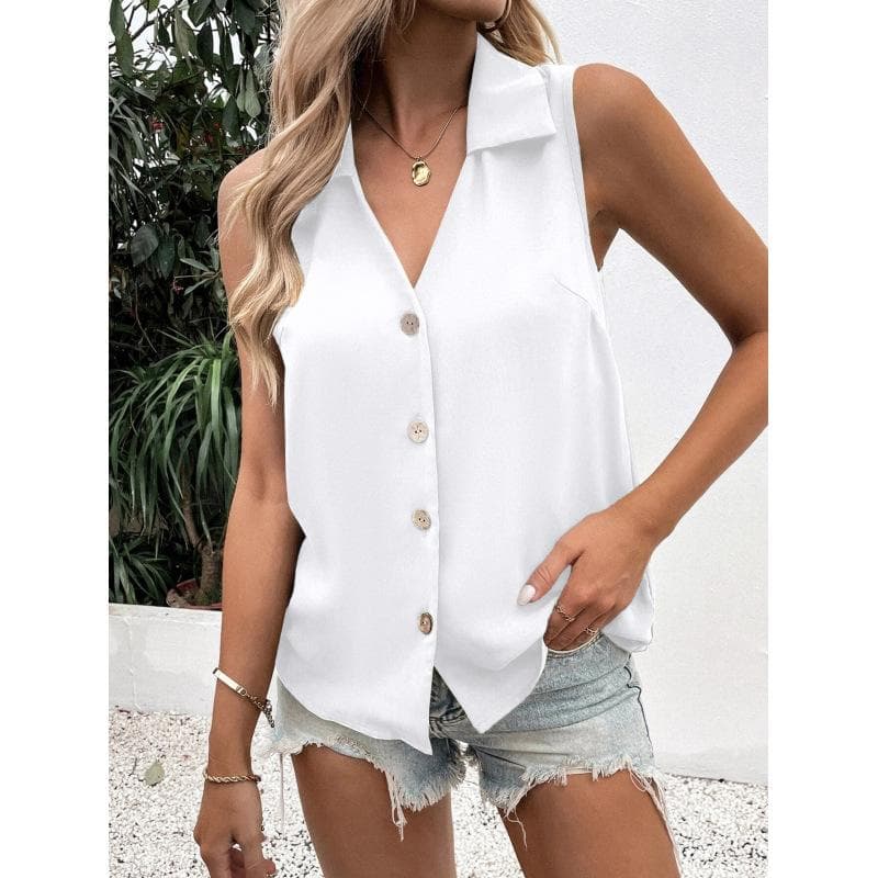 Women's solid color V-neck loose chiffon shirt sleeveless twist-button vest shirt clothes sale XXXL white