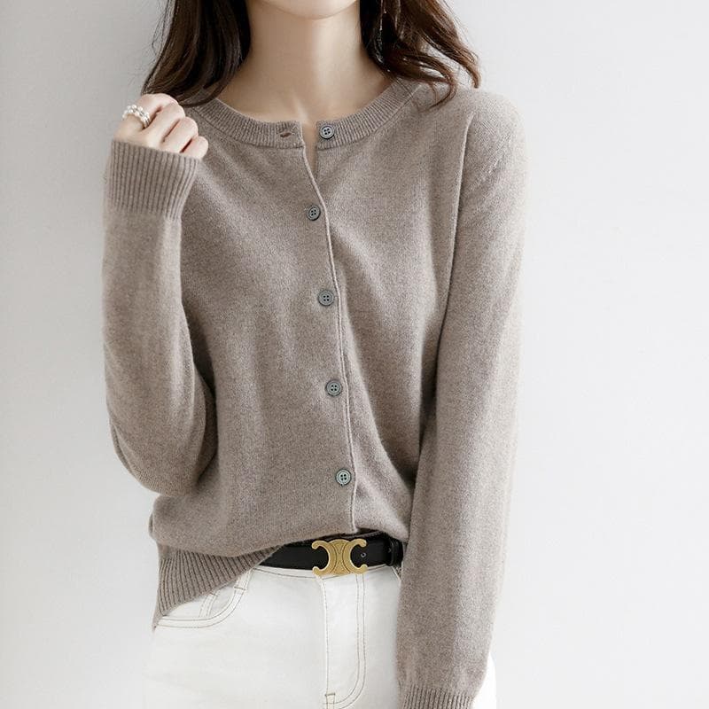 Spring and Autumn knitted sweater women's cardigan jacket solid color round neck Slim knitted outer sweater L grey