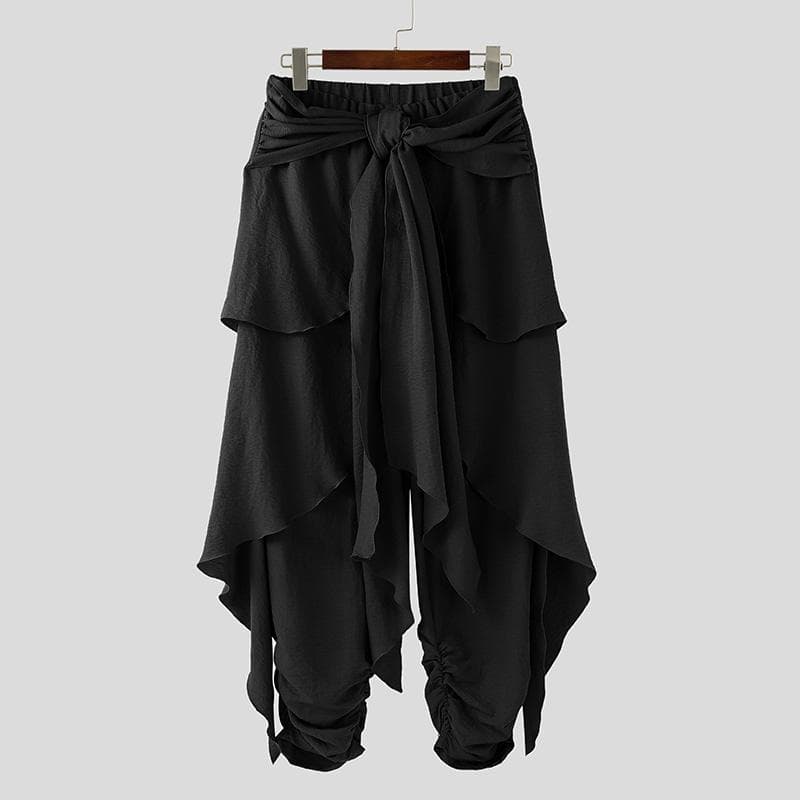 INCERUN Men Elastic Waist Bandage Layers Casual Loose Irregular Pleated Harem Pants 2XL black