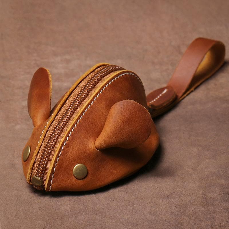 Genuine Leather Mouse Coin Purse Small Coins Bag Creative Key Bag Zipper Storage Bag Cartoon Children's Wallet brown