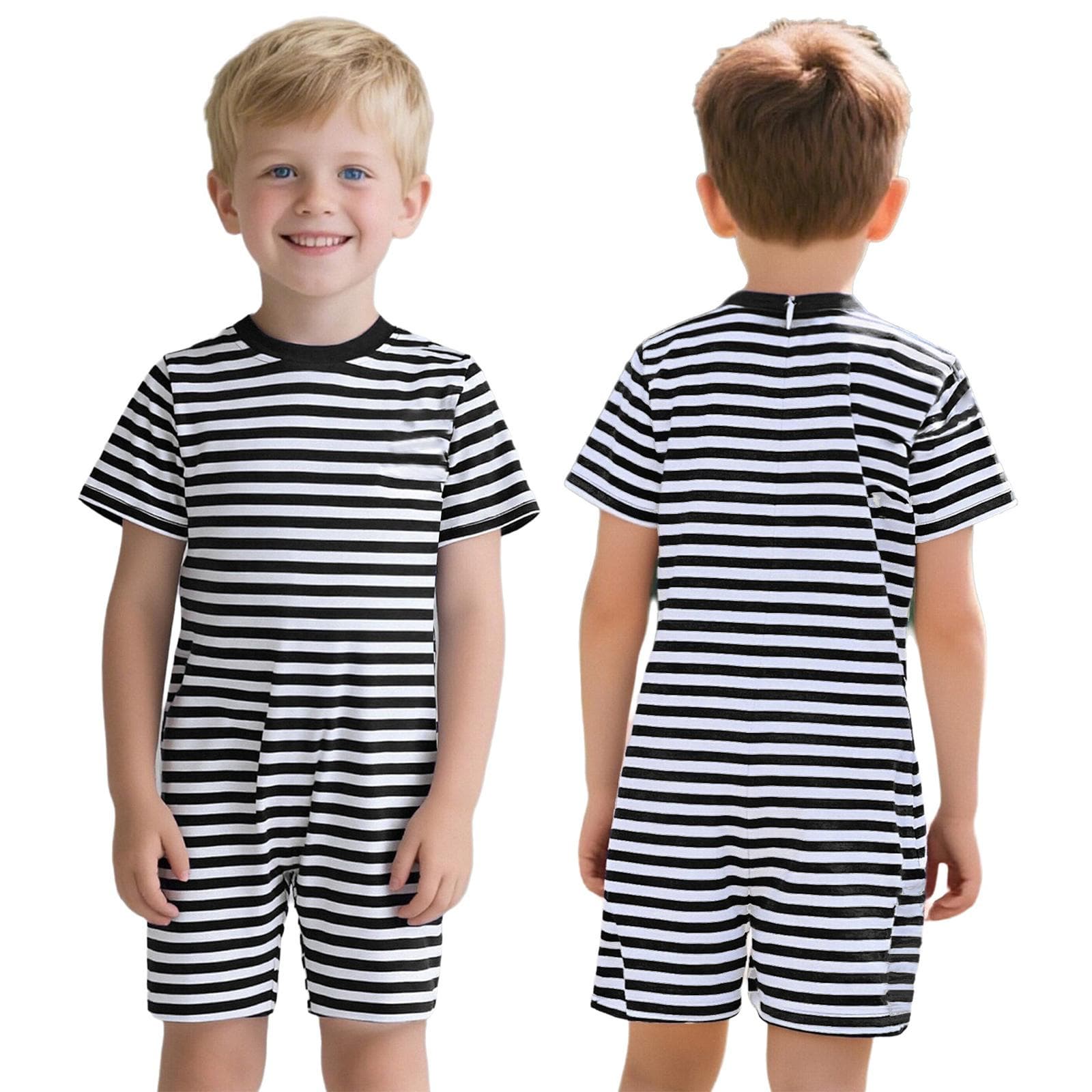 Unisex Kids Special Needs Adaptive Clothing Round Neck Short Sleeve Thigh Length Anti-Strip Back Invisible Zipper Striped Jumpsuit 7-8 Years black